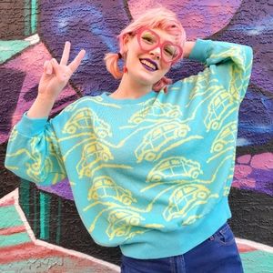 Kitschy Novelty Turquoise & Lime Car 90's Vintage Retro Kawaii Sweater